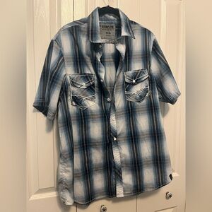 Men’s button down plaid shirt with back detail size XL runs small